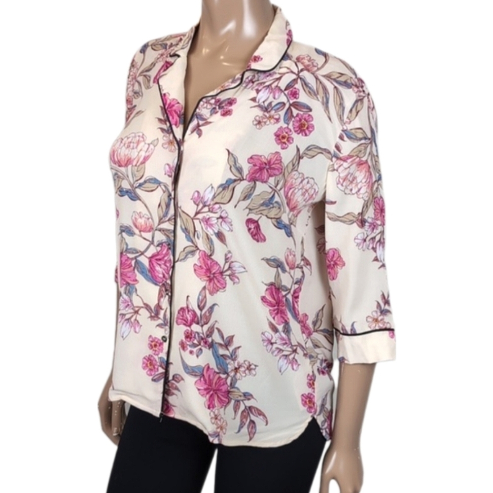 B.Young Crepe Pajama Shirt Floral Print Buttoned Collared PJs Sleep Top